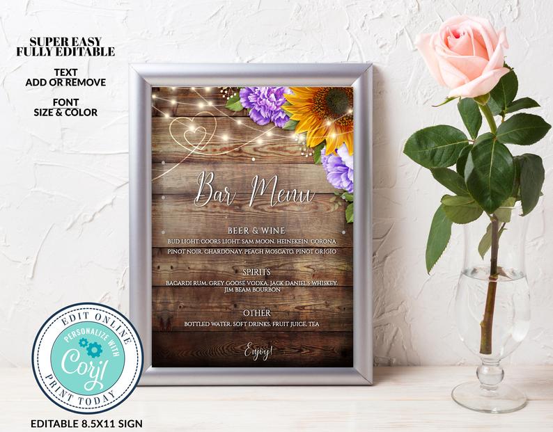 Wedding Bar Menu Sign, Printable Bar Sign, Bar Menu Editable Template, Rustic Wood with Sunflowers & Purple Peonies, Instant Download, Corjl