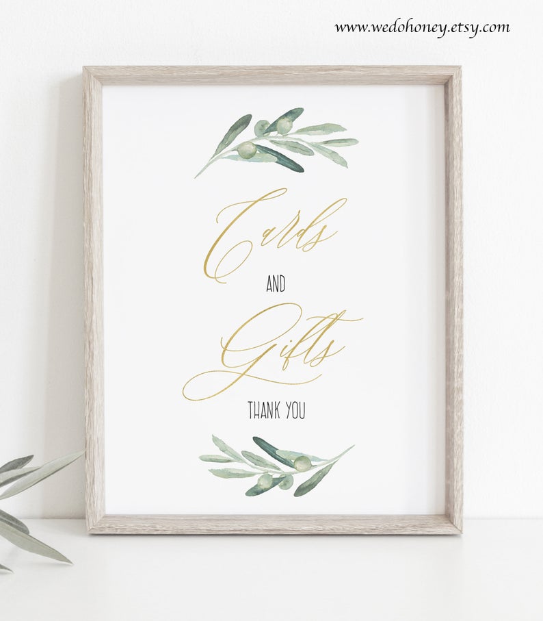 Gold Greenery Cards and Gifts Sign Table, Olive Green, Sign for Baby Shower or Bridal, Printable Editable Text with Corjl #095