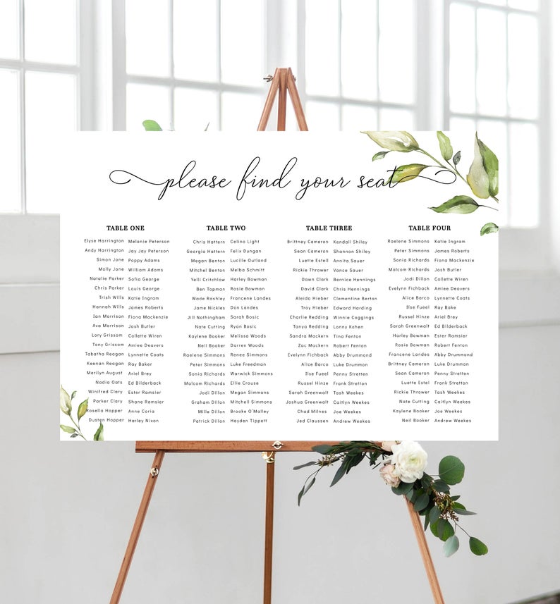 Printable Greenery Wedding Seating Chart – 4 Long Tables Seating Chart – Editable Seating Chart Template – DIY Wedding Stationery