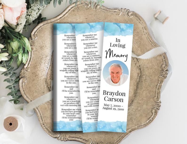 Memorial Bookmark, Blue Water Color Celebration of Life, Funeral Poem Card, Editable Corjl Template PPF600B