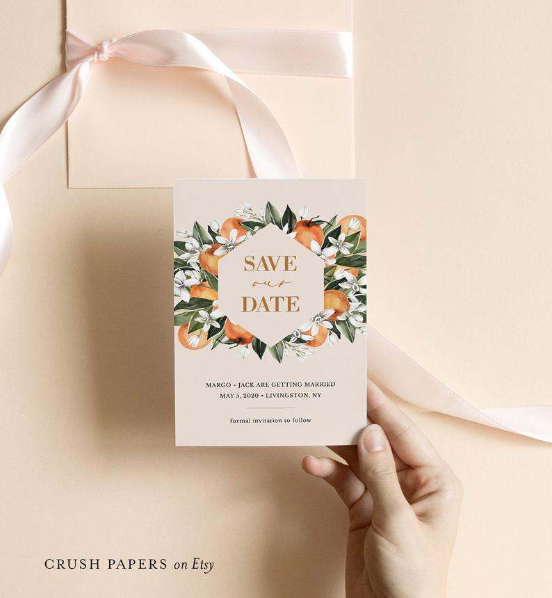 Citrus Save The Date Template, Printable Orange Blossom Wedding Save the Date Card, Editable, DIY, Instant Download, Corjl MARGO #017-211SD