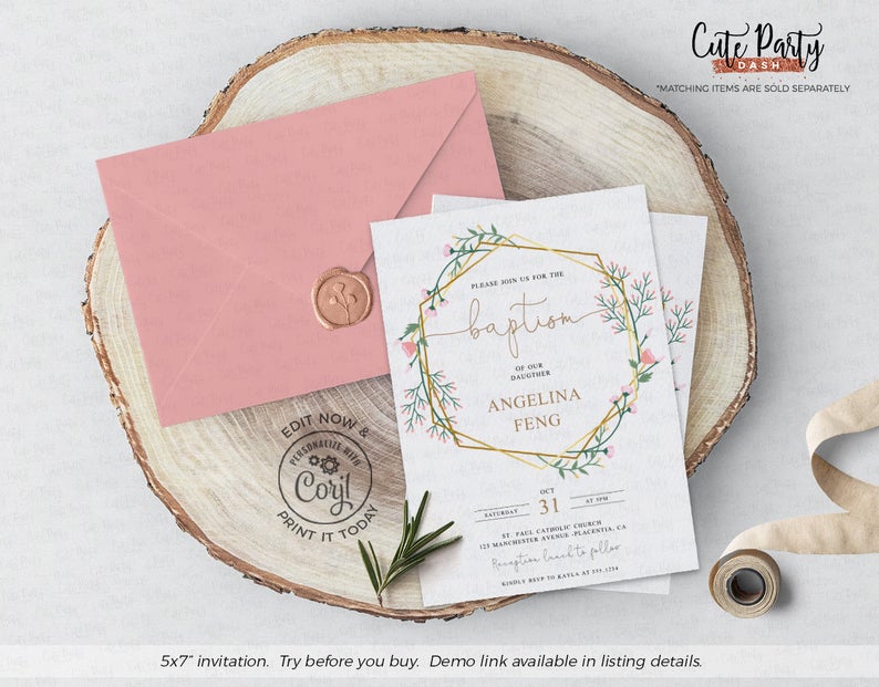 INSTANT DOWNLOAD, Editable Greenery Geometric Baptism Invite, baptism Floral invitation girl instant download, Pink Template, Corjl BP009