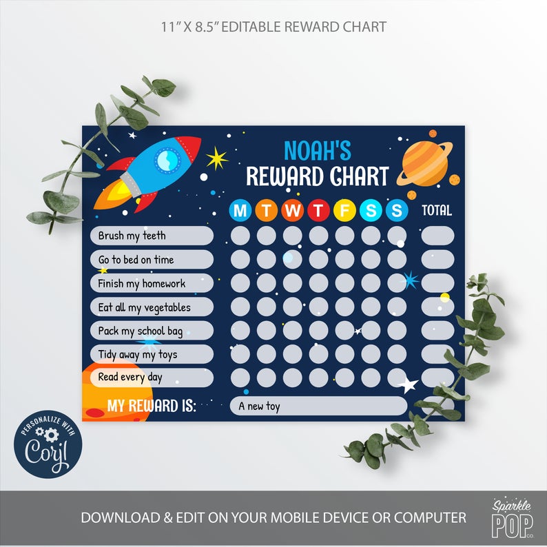 Editable Space Rocket Reward Chart, Outer Space Routine Chart, INSTANT DOWNLOAD 0001