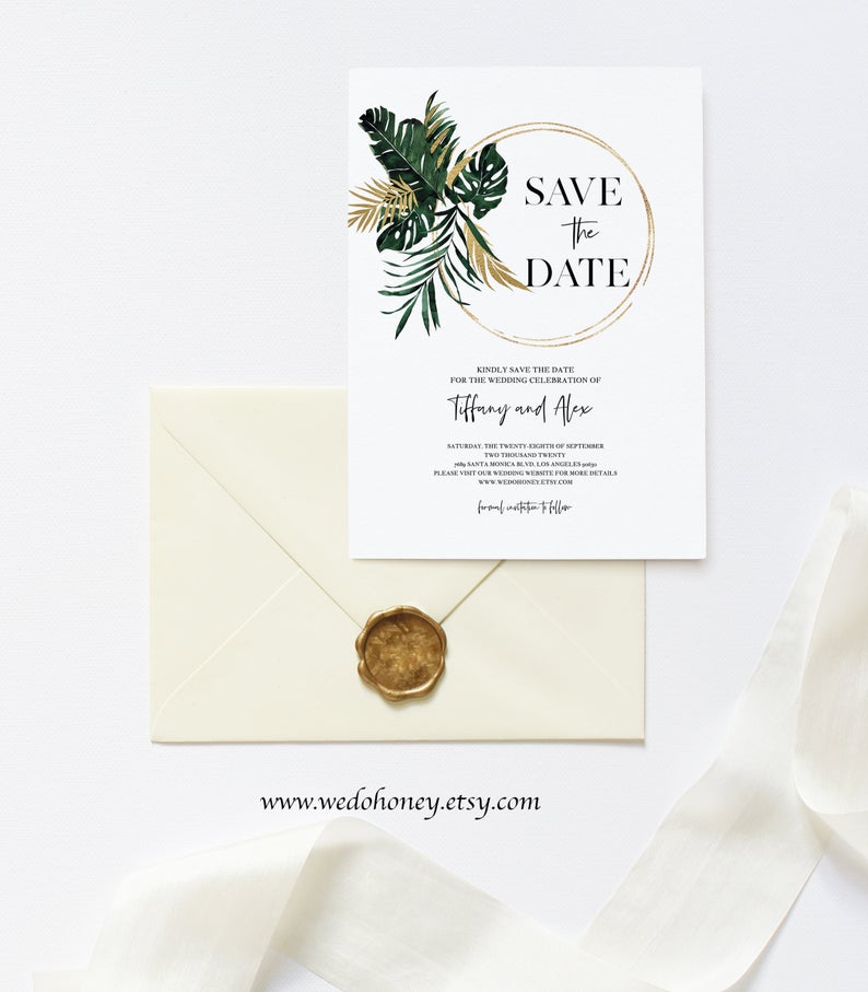 Tropical Save the Date Template, Green Gold Tropical Wedding, Editable Text with Corjl #093