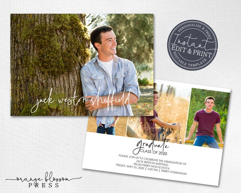 Photo Graduation Announcement, Custom Photo Grad Invitation, Simple, Modern, Clean Design, Full Photo Front, Instant Edit & Download
