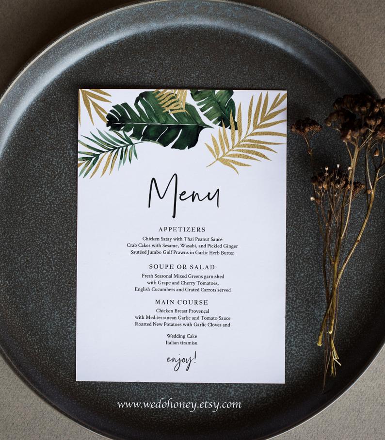 Tropical Greenery Menu, Summer Table Decor, Green Gold, Editable Text with Corjl #093