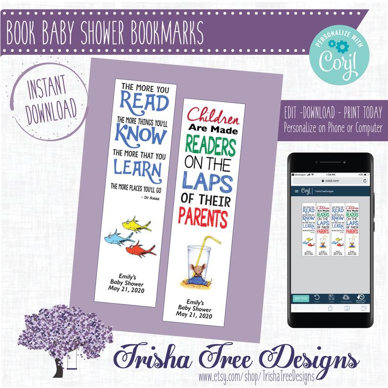 Book Baby Shower, Custom Bookmark Favor, Book Marks, Customize, Baby Sprinkle, Storybook, Instant, Editable, Corjl, Mouse, Caterpillar