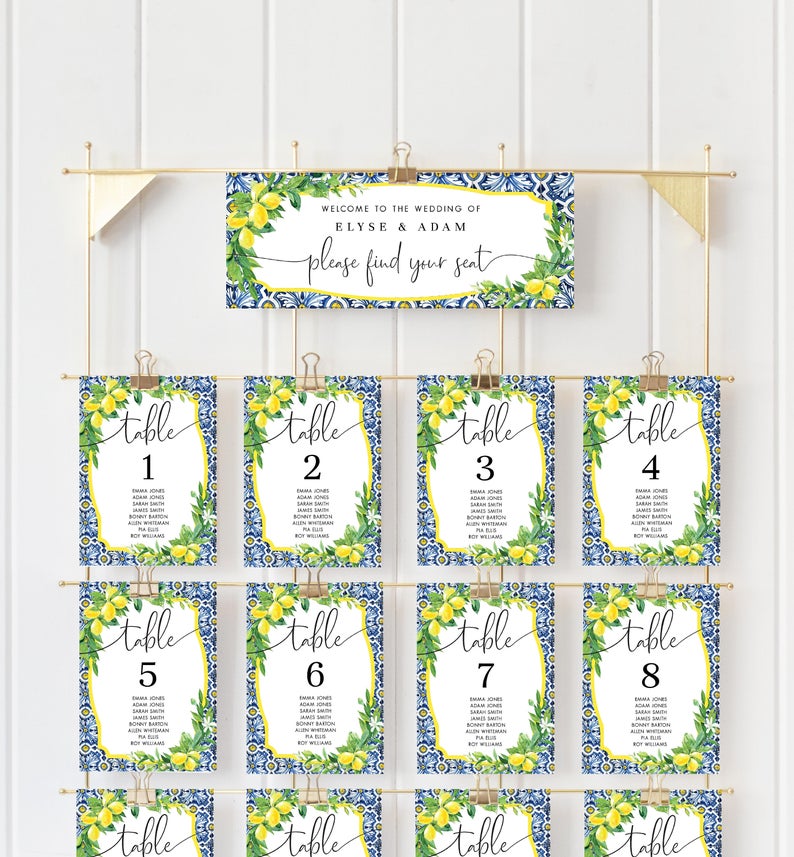 Positano Blue Tile Lemon Wedding Seating Chart – Find Your Seat Seating Chart – Editable Seating Chart Template – DIY Wedding Stationery
