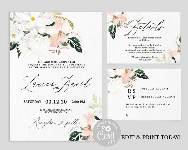 Printable wedding invitation suite, blush magnolia flower editable invitation, instant download boho wedding invite