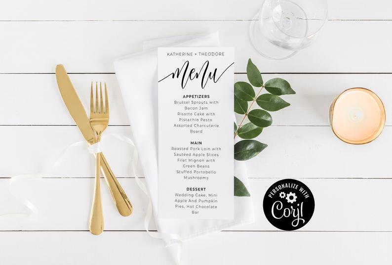 Corjl Editable Menu Template, Minimalist Menu Template, Instant Download, Editable Menu Card, DIY Menu Card, Printable Menu, Black And White