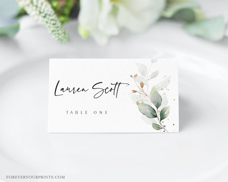 Greenery Wedding Place Card Template, Wedding Name Cards, Instant Download