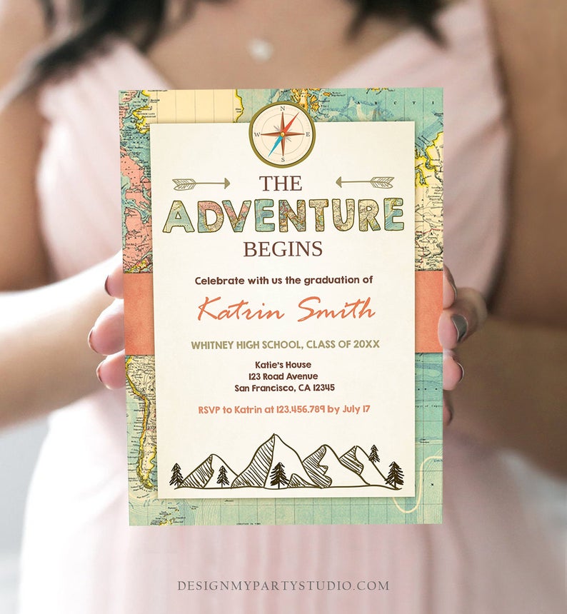 Editable Adventure Begins Graduation Party Invitation Forest Woodland Vintage Travel College High School Grad Digital Corjl Template 0044