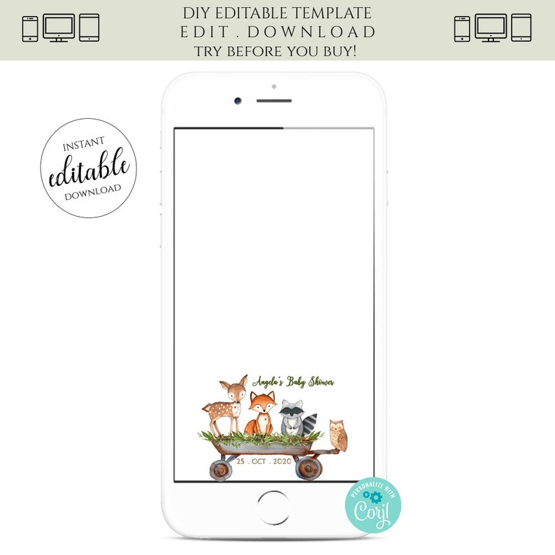 Woodland Snapchat Filter, Adventure Baby Shower, Geofilter Snapchat, Woodland Theme, Corjl, Forest Animals, Deer, Fox, Boy Girl WD12