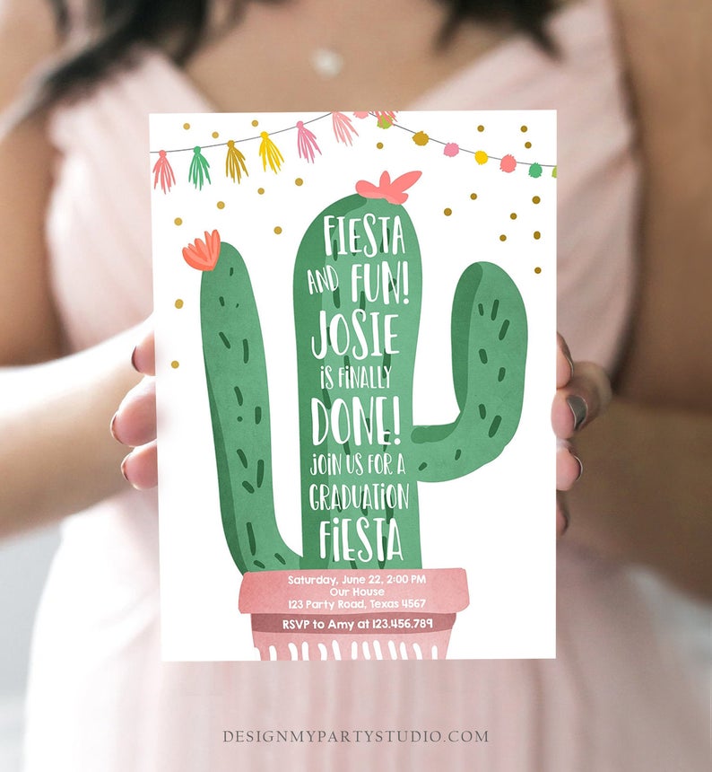 Editable Graduation Fiesta and Fun Party Invitation Finally Done Let’s Fiesta Cactus College High School Grad Corjl Template Printable 0255