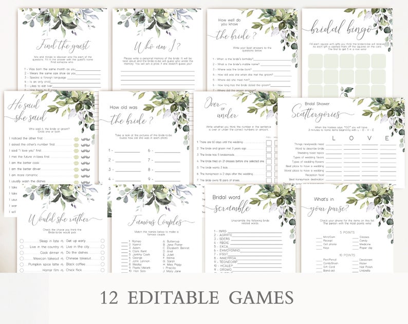 Greenery Bridal Shower Games Bundle, Bridal Shower Games Template, Greenery Floral Bridal Games Set, Instant Download, Corjl, GE01