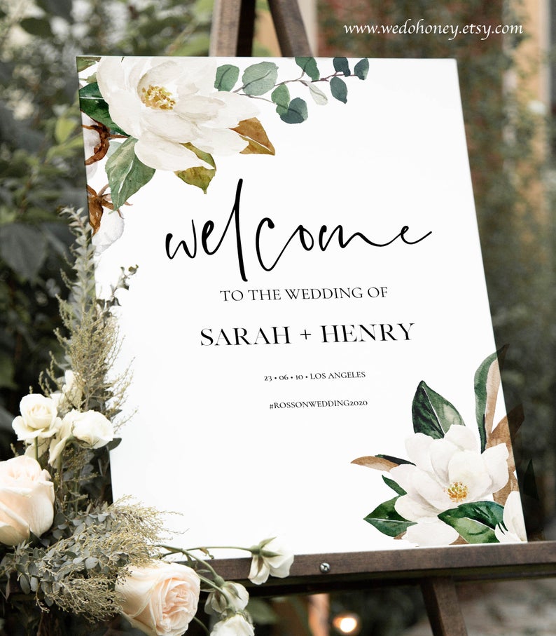 Magnolia Welcome Sign Template, Boho Wedding, Welcome Poster Printable, Instant Download, Editable Text wit Corjl #106