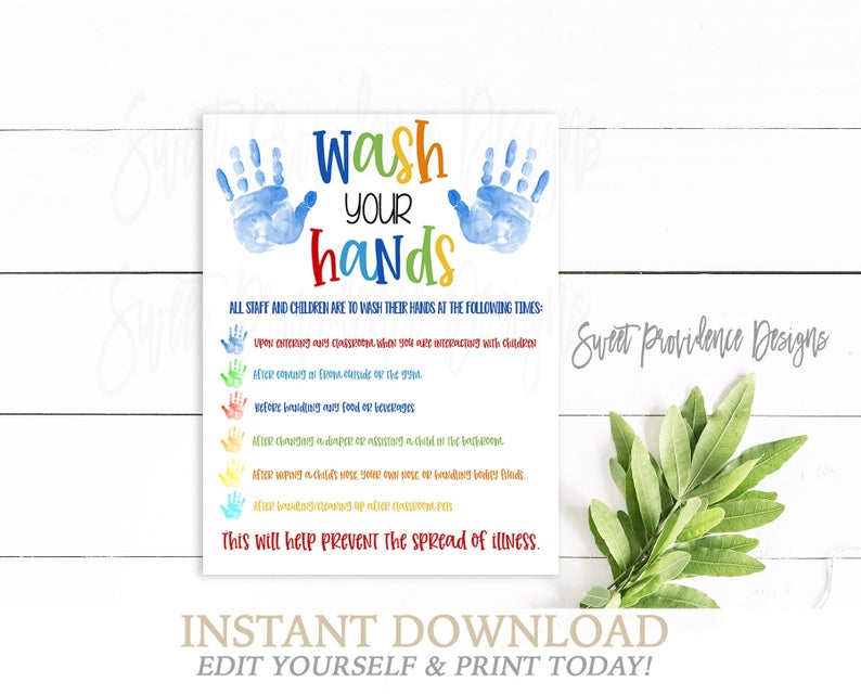 Editable Wash Your Hands Sign, School Hand Washing Sign, Classroom Wash Hands Sign, Printable Teacher Hand Washing, Instant Access