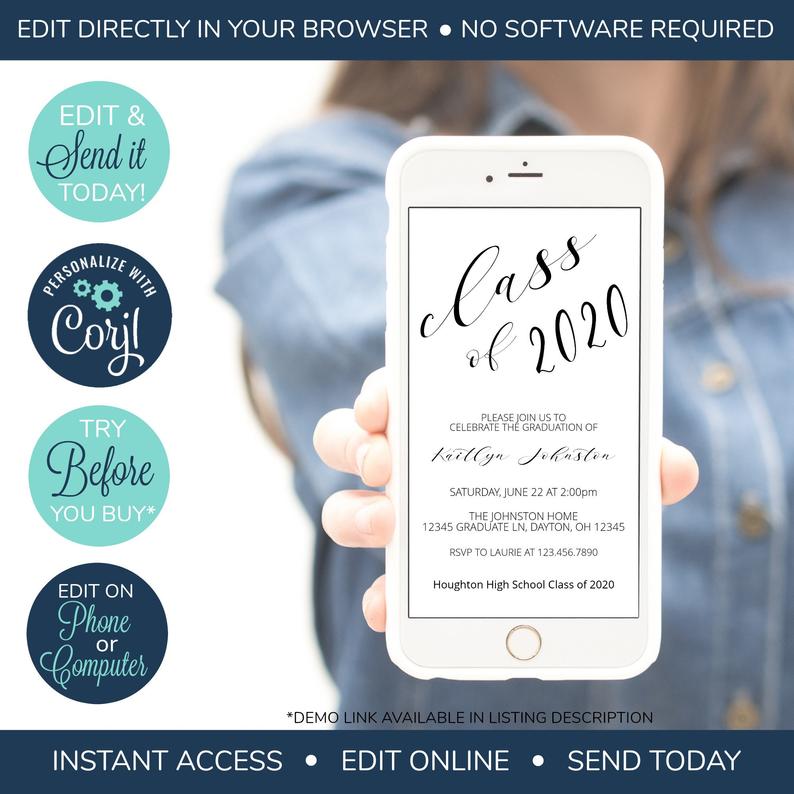 EDITABLE Electronic Class of 2020, Graduation Open House, Graduation Invitation, Graduation Party, High School, College Graduation