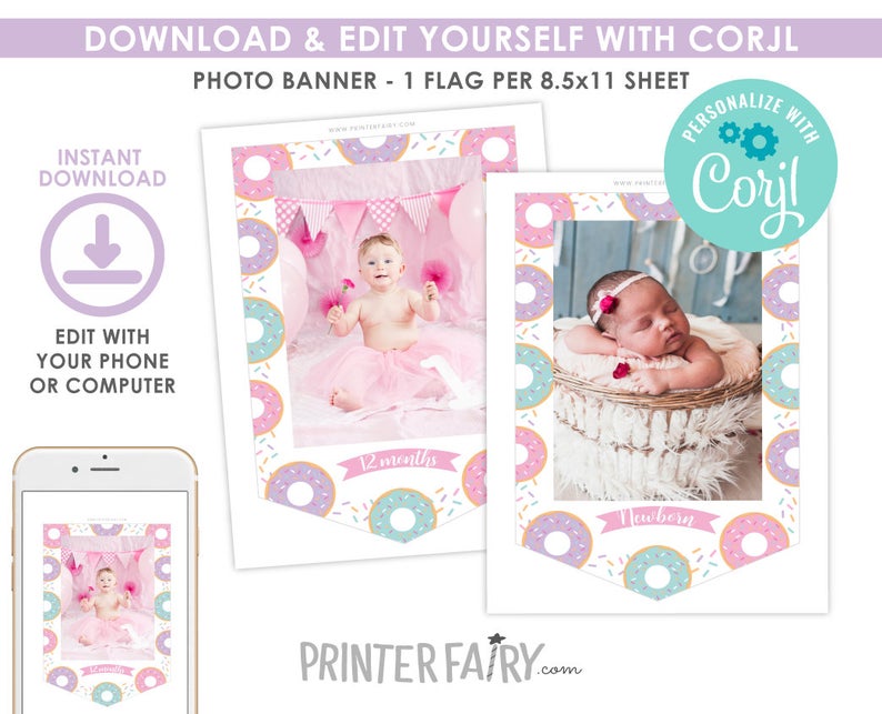 Donut Photo Banner, EDITABLE,Donut Printable Banner, EDIT YOURSELF, Donut Birthday Decorations, Sprinkles Party, Instant Download