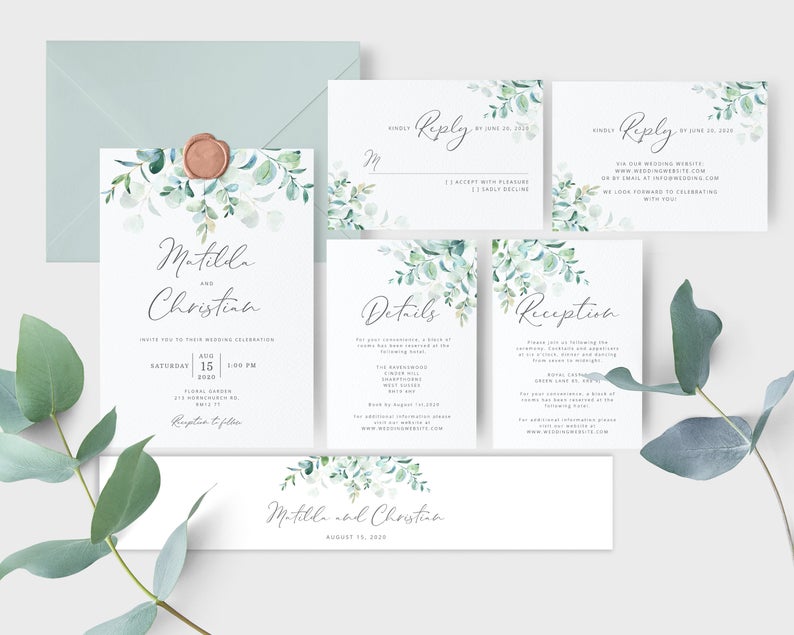 Greenery Wedding Invitation template bundle. Editable wedding reception invitation, RSVP card, wedding details card, belly band. #WS3