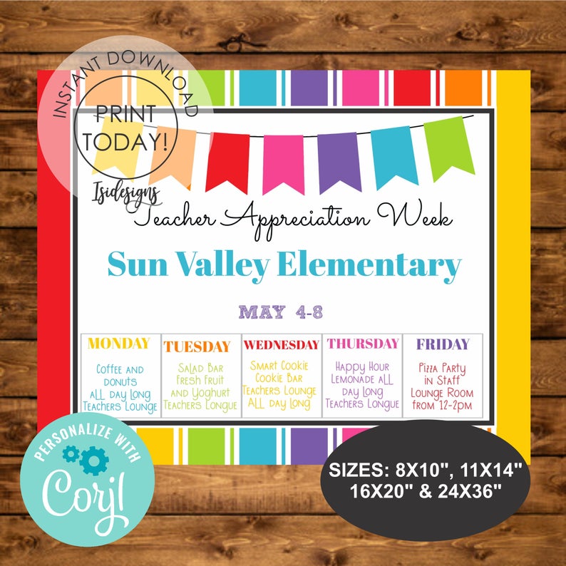 Teacher Appreciation Week, Instant Download, Editable Itinerary Poster, Appreciation Week Schedule Events Template for Teacher Appreciation