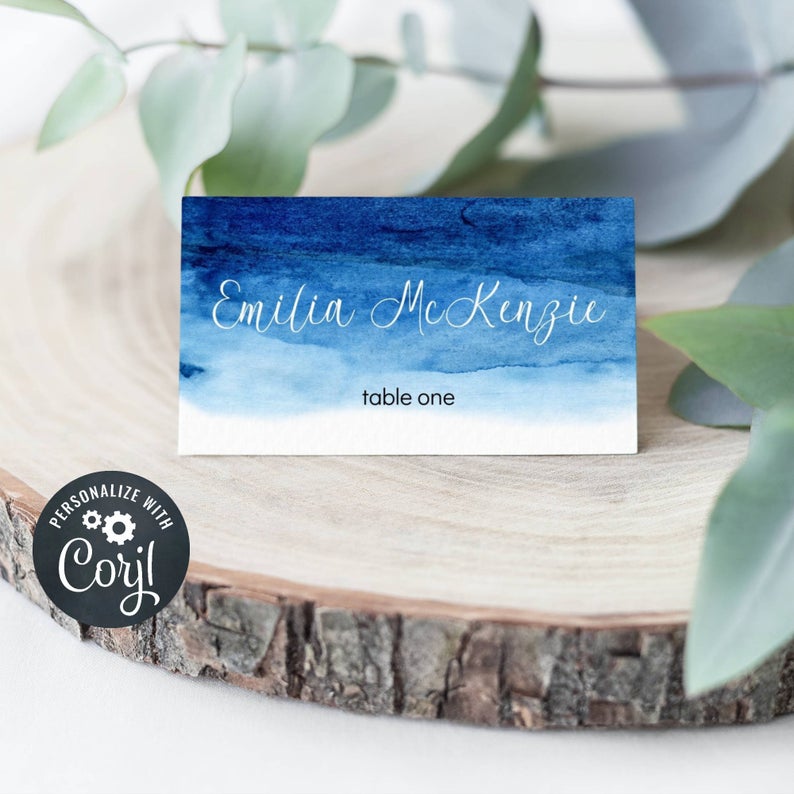 Blue Ombre Watercolor Place Cards, Printable Place Card Template, Corjl Template, Wedding Name Card, Seating Card, Instant Download, #WC1