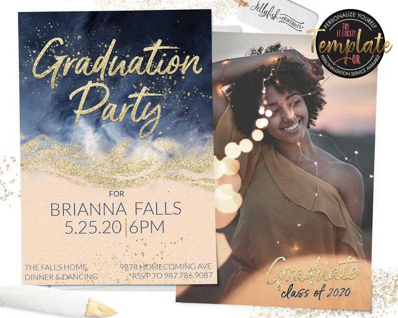 Navy Gold Photo Graduation Invitation | Graduation Party Invite | Graduation Announcement | PRINTABLE | PRINTED | Template | Photo | Peach