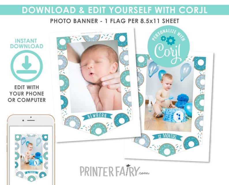 Donut Photo Banner, EDITABLE,Donut Printable Banner, EDIT YOURSELF, Donut Birthday Decorations, Sprinkles Party, Instant Download
