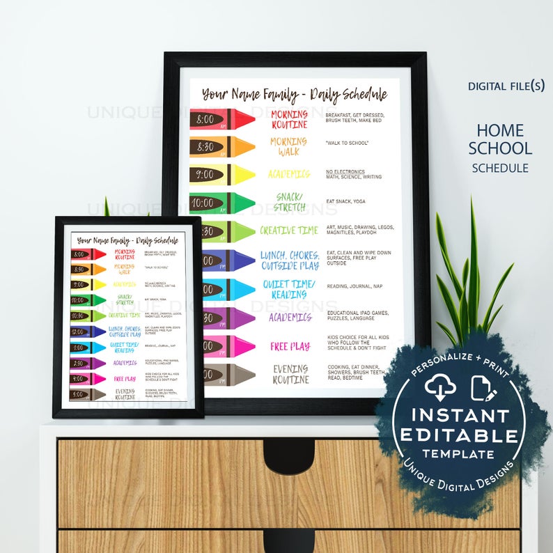 Editable Home School Daily Planner, Kids Customizable Schedule Chart, Rainbow Routine, Parent Teacher Printable Resource Aid, INSTANT ACCESS