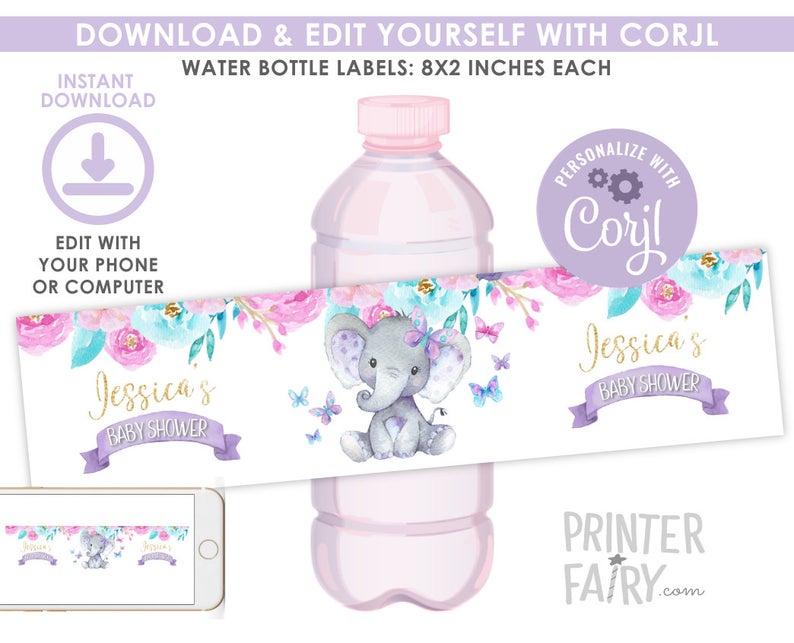 Elephant Water Bottle Labels, EDITABLE, Elephant Baby Shower, Elephant Birthday, Floral Butterflies, Party Decorations, INSTANT DOWNLOAD