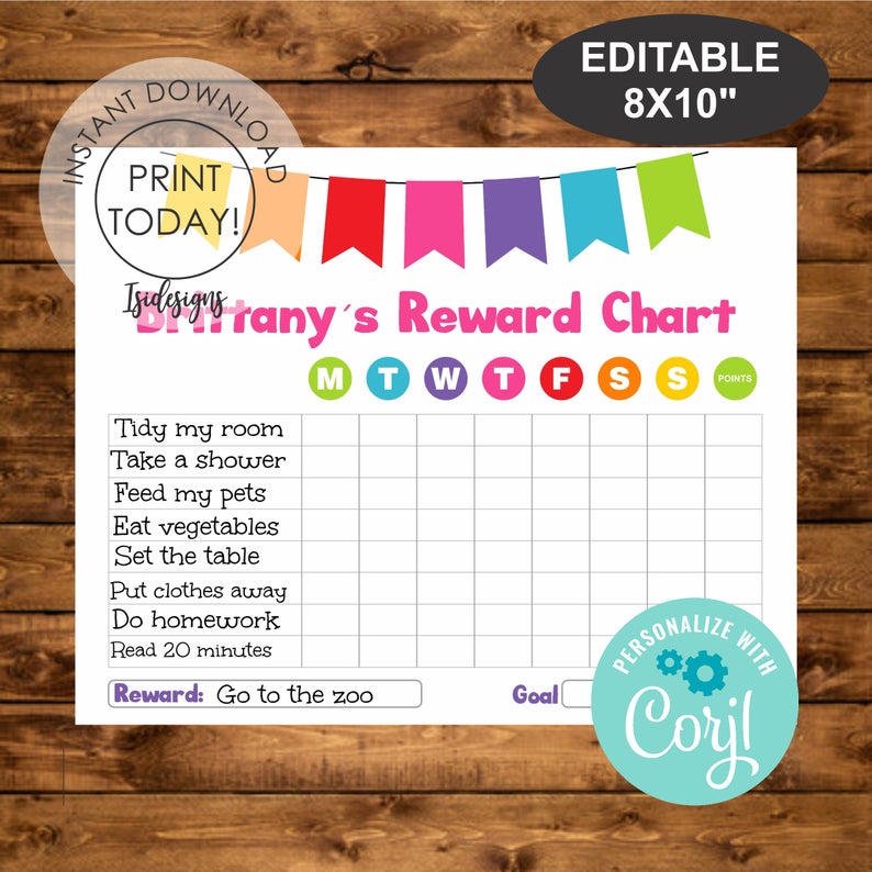 Editable Reward Chart, Instant Download, Printable Responsibilities Chart for Kids, Rainbow Chore Chart, Activities Reward Chart