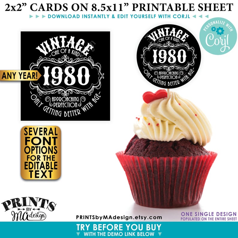 Vintage Birthday Sign, Better with Age, Liquor Theme B-day Favors, Cupcake Topper, Candy Gift, Any Year, PRINTABLE 8.5×11″ Sheet of 2″ Cards