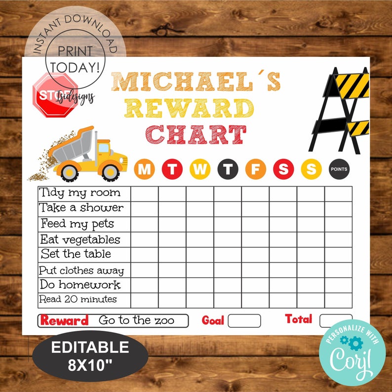 Dump Truck Editable Reward Chart, Instant Download, Printable Responsibilities Chart for Boys, Truck Chore Chart, Activities Reward Chart