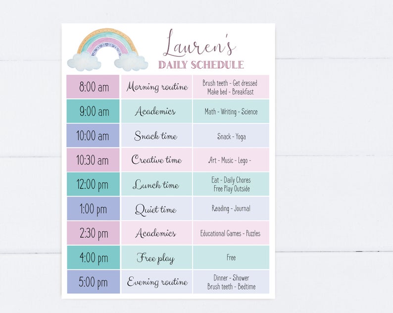 Editable Home School Daily Planner, Editable Daily Routine Schedule, Rainbow Routine Schedule Chart, Daily Homeschool Planner, Corjl