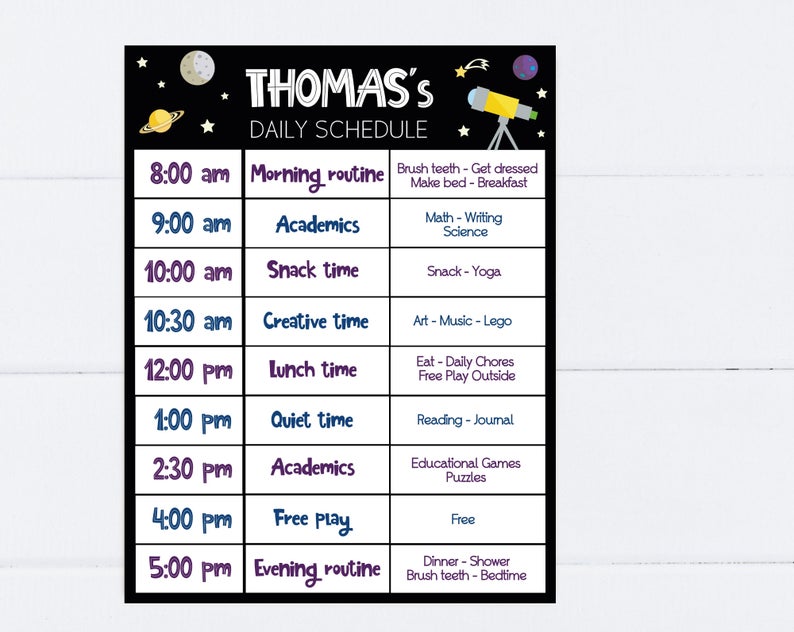 Editable Home School Daily Planner, Editable Daily Routine Schedule, Space Routine Schedule Chart, Boy Daily Homeschool Planner, Corjl