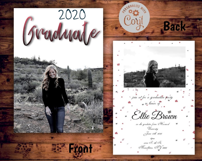 Simple & Modern Graduation Announcement, Editable, 2020 Girl Graduation, Confetti