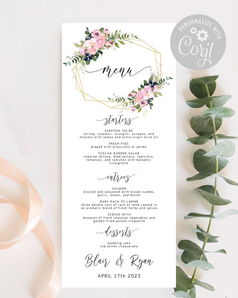 Ariel – Editable Menu Template, Navy And Blush, Editable Menu Template, Geometric Floral Frame, Gold Navy And Blush Theme, Menu Template