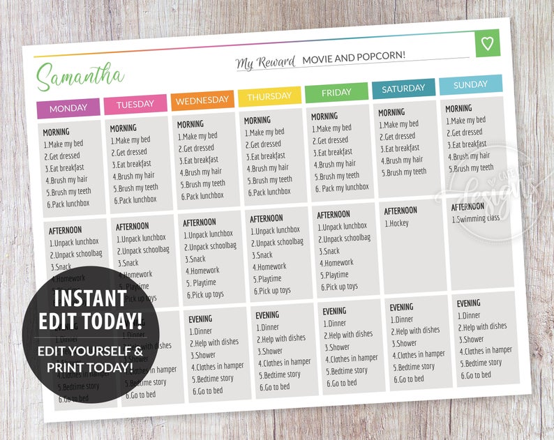 Editable Chore Chart Weekly Planner Multicolor, Kids Responsibility Reward Chart Printable Editable Template, Personalized Instant DIY Corjl