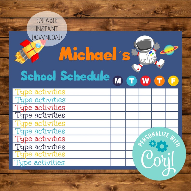 Editable Weekly School Planner, Instant Download, Homeschoolingl Weekly Schedule, Space Weekly Activites Organizer, Homeschooling Timetable