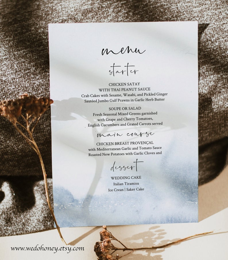 Navy Watercolor Menu Card Template, Blue Digital, Modernist Wedding, Editable with Corjl #088