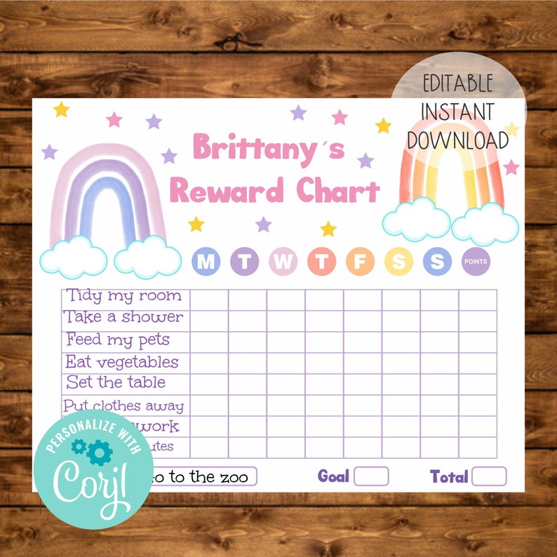 Rainbow Rditable Reward Chart, Instant Download, Printable Responsibilities Chart for Girls, Rainbow Chore Chart, Activities Reward Chart