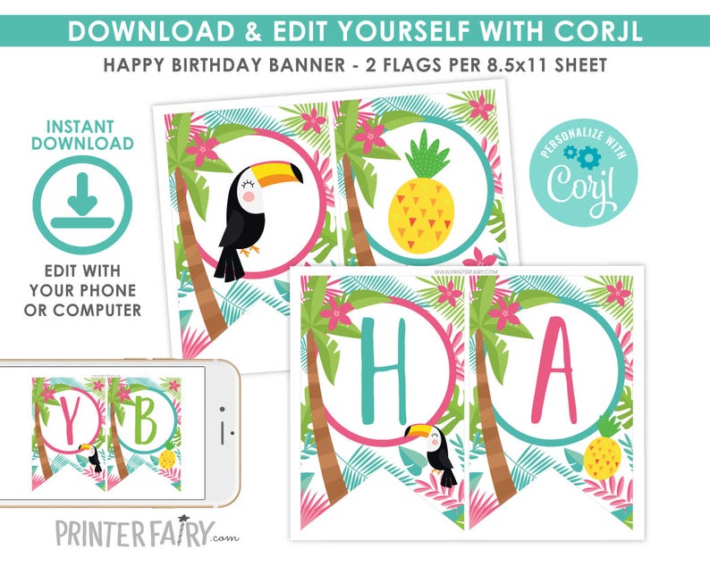 Luau Banner, EDITABLE, Hawaiian Birthday Decorations, Bunting Banner, EDIT YOURSELF, Luau Printable Banner, Instant Download