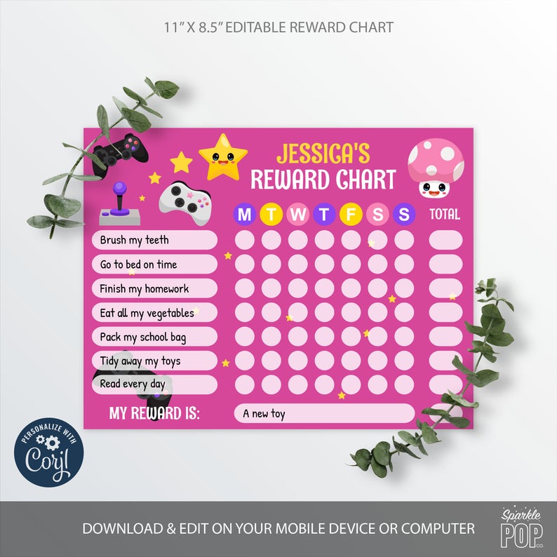 Editable Video Games Reward Chart, Gamer Routine Chart, Girl Gamer, INSTANT DOWNLOAD 0004