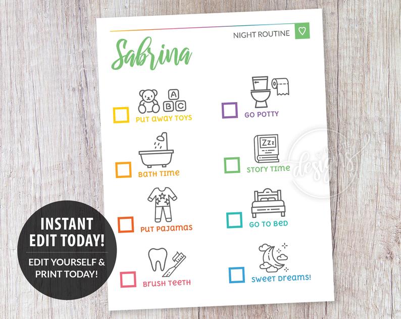 Editable Kids Night Routine, Chore Chart Multicolor, Toddler Tasks Jobs Responsibility Reward Chart Printable, Personalized Instant Corjl