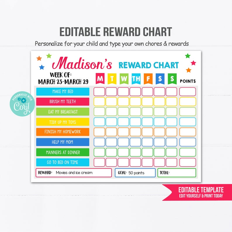 Daily Responsibilities Chart for Kids Reward Chart Routine, Kids Chore Chart, Chore List, Planner Printable Chart Editable Template Download