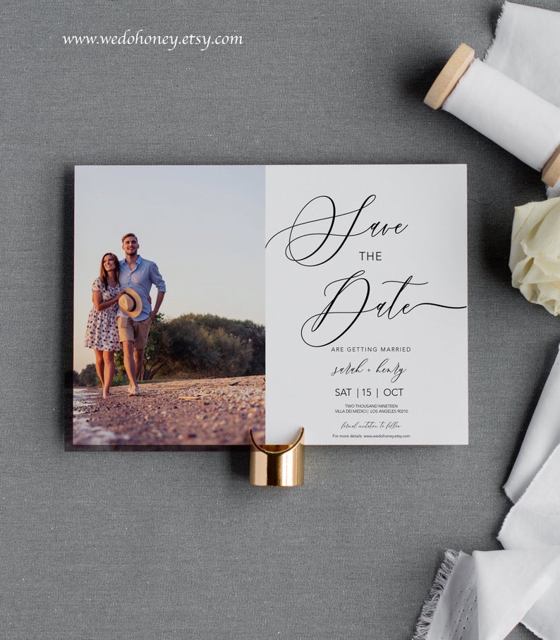 Photo Save The Date Template, Romantic Modern Calligraphy, Wedding Date Card, Editable Text with Corjl