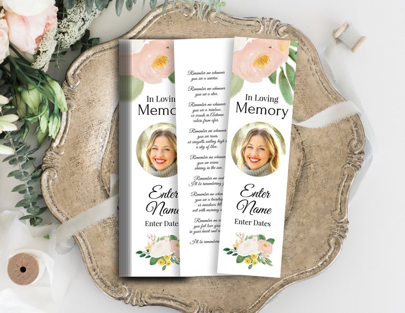 Memorial Bookmark, Celebration of Life, In Loving Memory Funeral Card, Pink and Yellow Floral, Editable Corjl Template PPF232