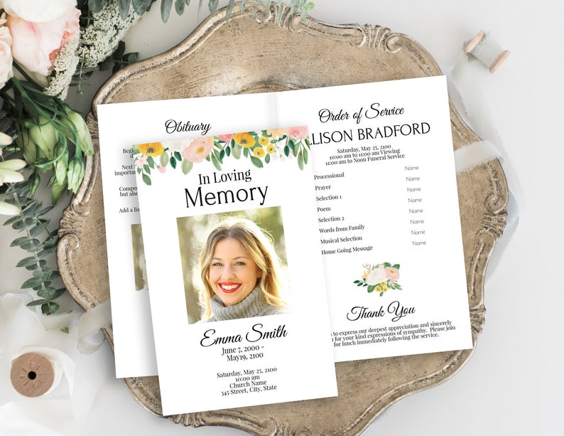 Memorial Program, Celebration of Life, In Loving Memory Funeral Card, Pink and Yellow Floral, Order of Service, Corjl Template PPF232