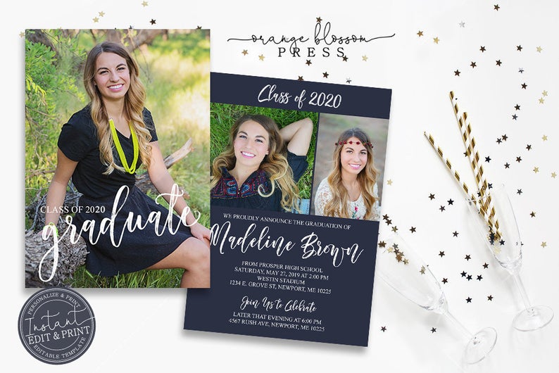 Photo Graduation Announcement, Custom Photo Grad Invitation, Simple, Modern, Clean Design, Full Photo Front, Instant Edit & Download