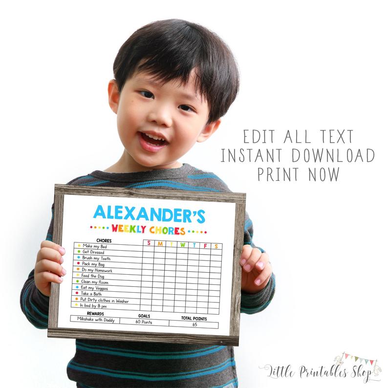 Editable Chore Chart for Kids, Printable by you with Corjl, Instant Access, DIY Reward Chart, Reusable Weekly Chore Chart, Kids Chore Cart